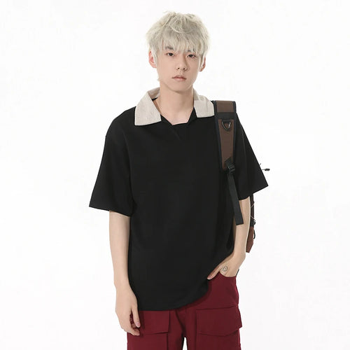 Load image into Gallery viewer, Niche Design Men's Tees Contrast Color Patchwork Turn-down Collar T-shirts Short Sleeved Casual Male Tops Summer 9W1259
