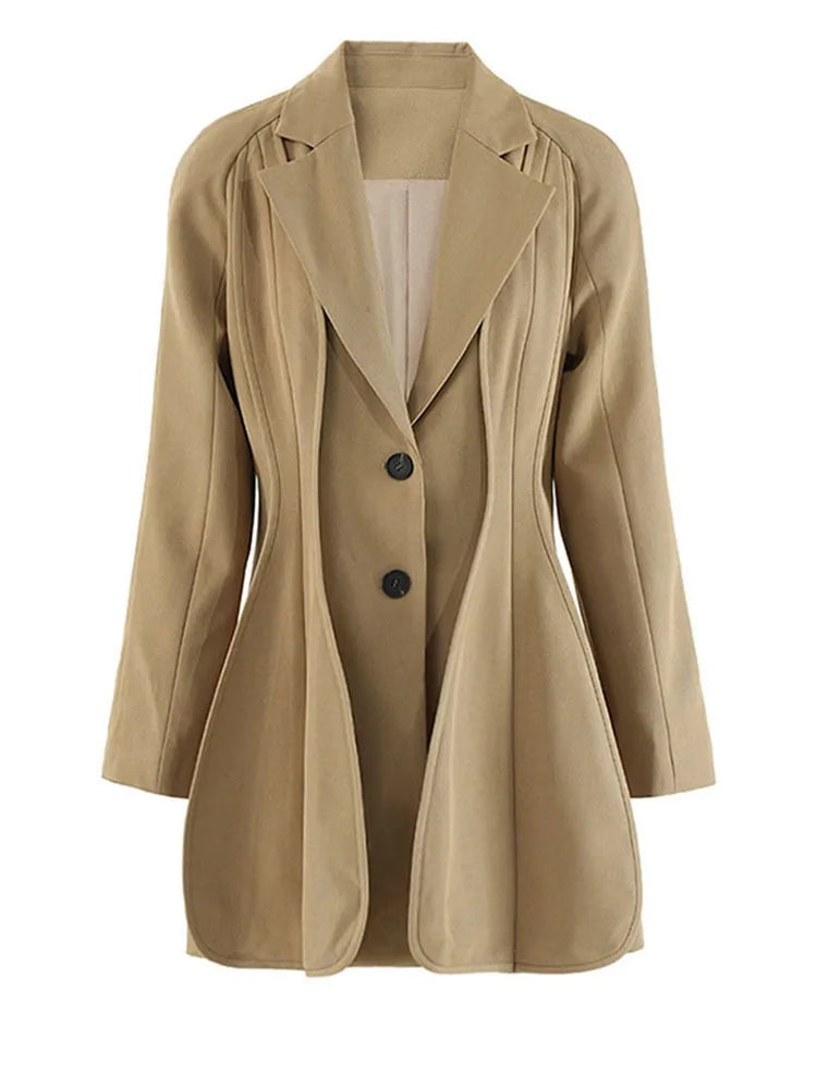 Women Khaki Irregular Spliced Shaped Elegant Blazer New Lapel Long Sleeve Jacket Fashion Tide Spring Autumn 2025 CPDB255