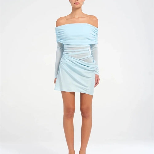 Load image into Gallery viewer, Hollow Out Off-shoulder Sexy Mini Dress Women Fashion Patchwork Strapless Long Sleeve Backless Ruched Club Dress
