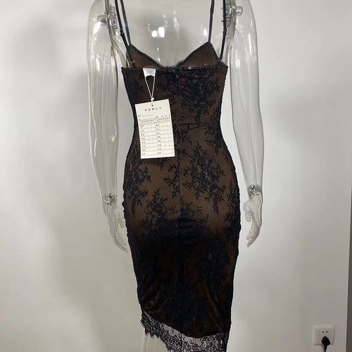 Load image into Gallery viewer, Lace Print Spaghetti Strap Sexy Midi Dress For Women Black Sleeveless Backless Bodycon Club Party Printed Long Dress
