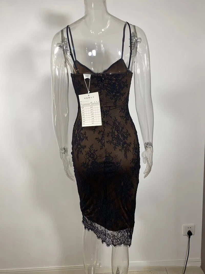 Lace Print Spaghetti Strap Sexy Midi Dress For Women Black Sleeveless Backless Bodycon Club Party Printed Long Dress