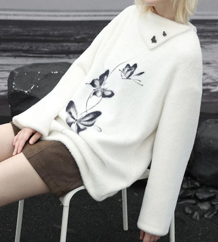 Oversized Harajuku Butterfly Jacquard Sweaters Streetwear Vintage Punk White Jumpers Women Y2k Aesthetic Casual Grunge Pullovers