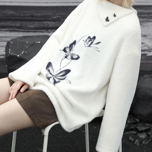 Load image into Gallery viewer, Oversized Harajuku Butterfly Jacquard Sweaters Streetwear Vintage Punk White Jumpers Women Y2k Aesthetic Casual Grunge Pullovers
