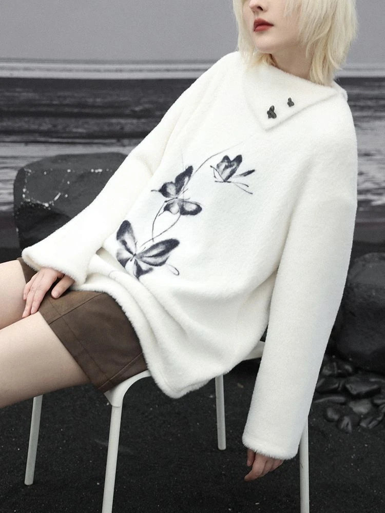 Oversized Harajuku Butterfly Jacquard Sweaters Streetwear Vintage Punk White Jumpers Women Y2k Aesthetic Casual Grunge Pullovers