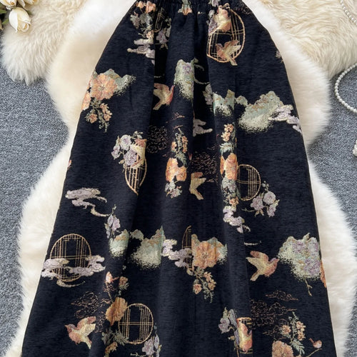Load image into Gallery viewer, French Retro Women Fashion Bohemian Black Floral Elegant Party Long Skirt Streetwear Autumn Winter High Waist Pleated Skirt Chic
