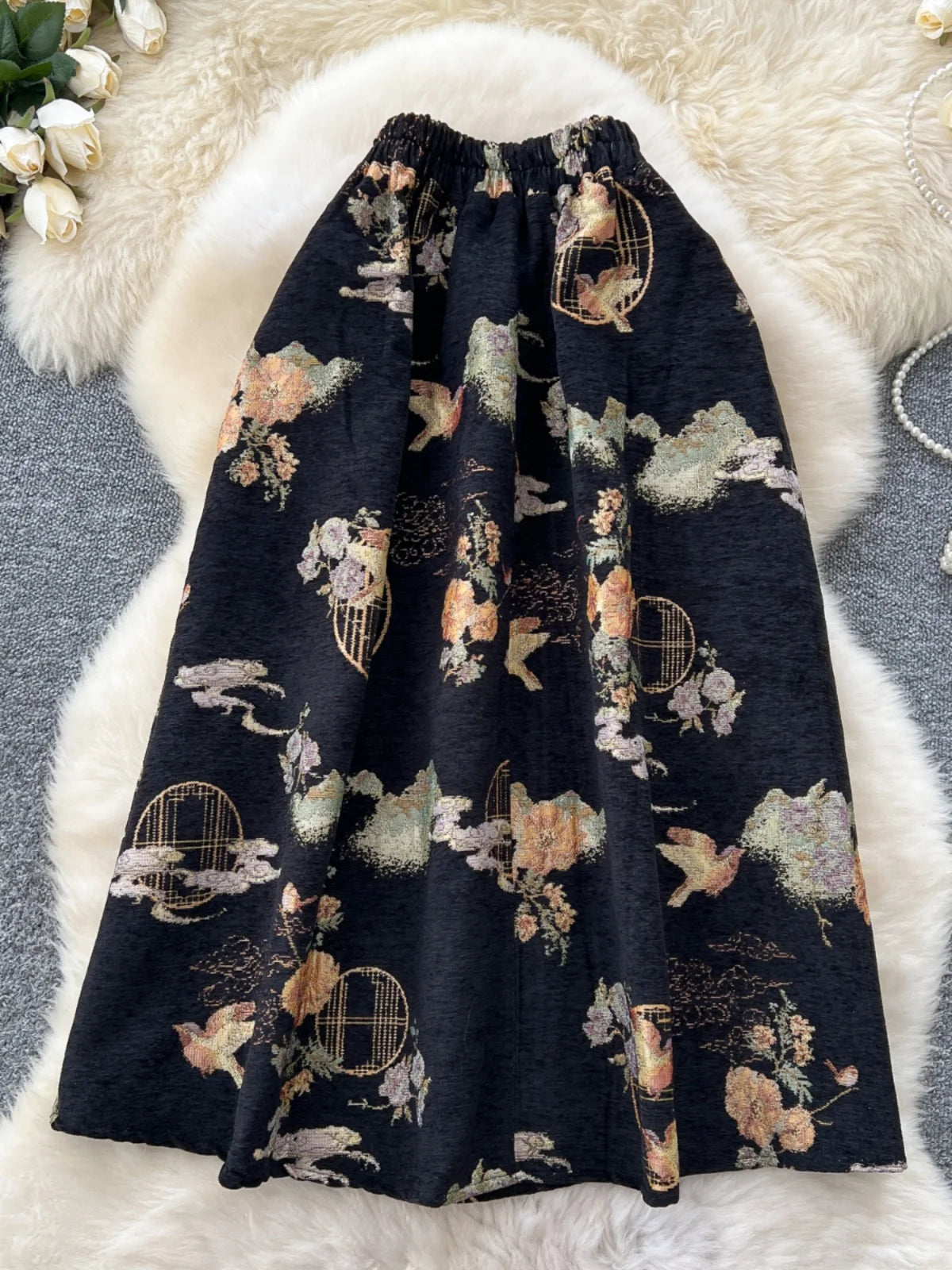 French Retro Women Fashion Bohemian Black Floral Elegant Party Long Skirt Streetwear Autumn Winter High Waist Pleated Skirt Chic