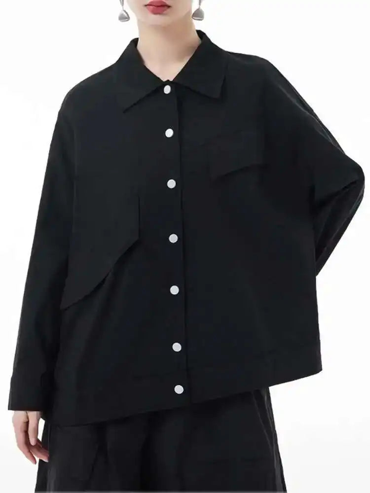 Women Blue Big Size Irregular Casual Blouse New Lapel Long Sleeve Loose Fit Shirt Fashion Tide Spring Autumn 2025 1DH3555