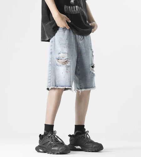 Men's Ripped Denim Shorts Solid Color Summer New Ragged Edge Tie Dyed Male High Street Short Pants Loose Trendy 2025 9W1355