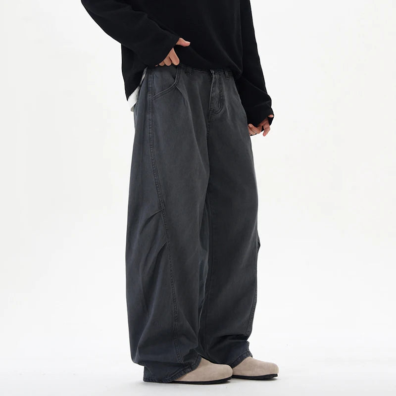 Men's Causal Pants New American Style Washed Design Pleated Curved Knife Trendy Male Loose Wide Leg Trousers Summer 9W1901