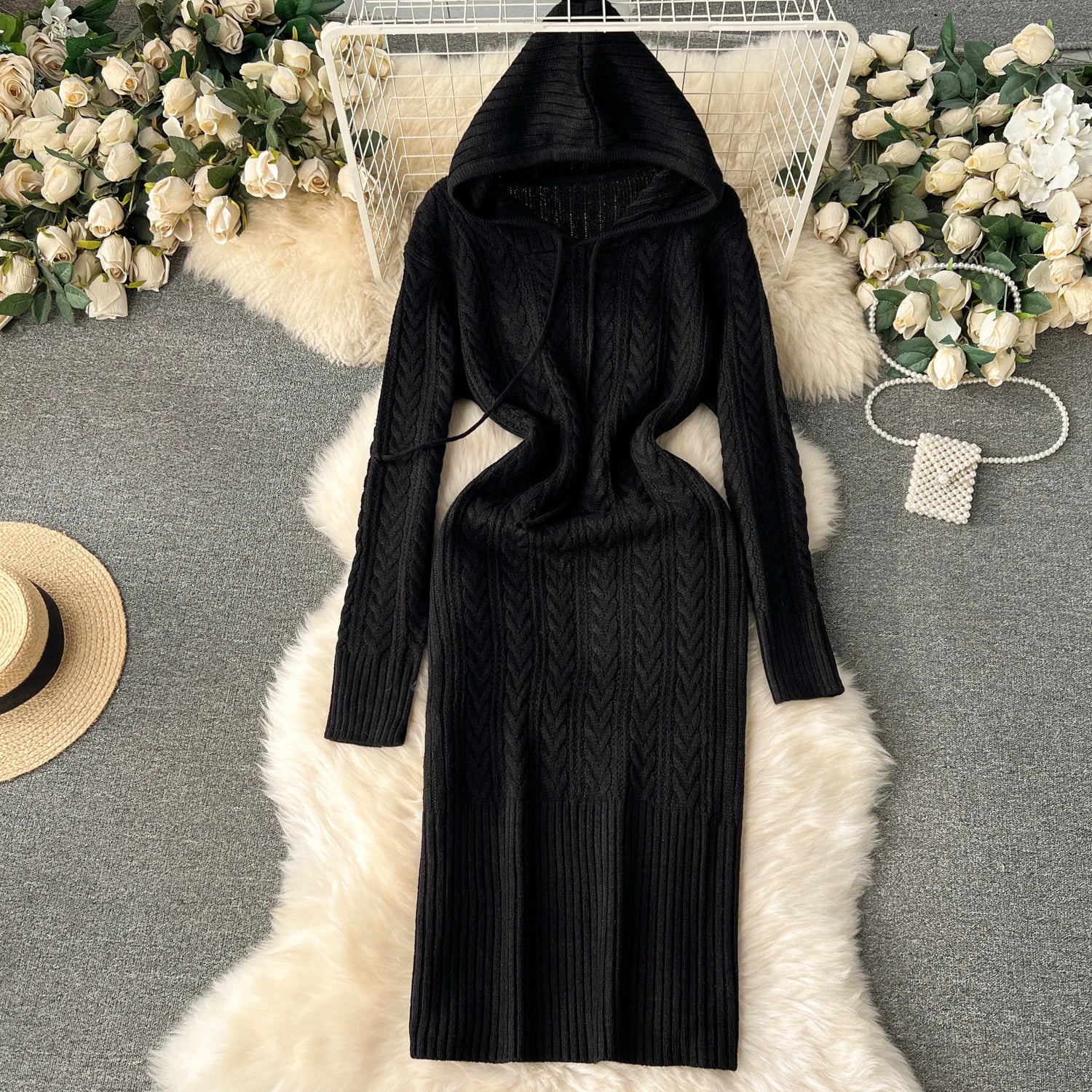 Retro Black Long-sleeved Party Sweater Midi Dress Autumn Winter Hooded Loose Women's Beige Elegant Twists Knitted Hip Wrap Dress