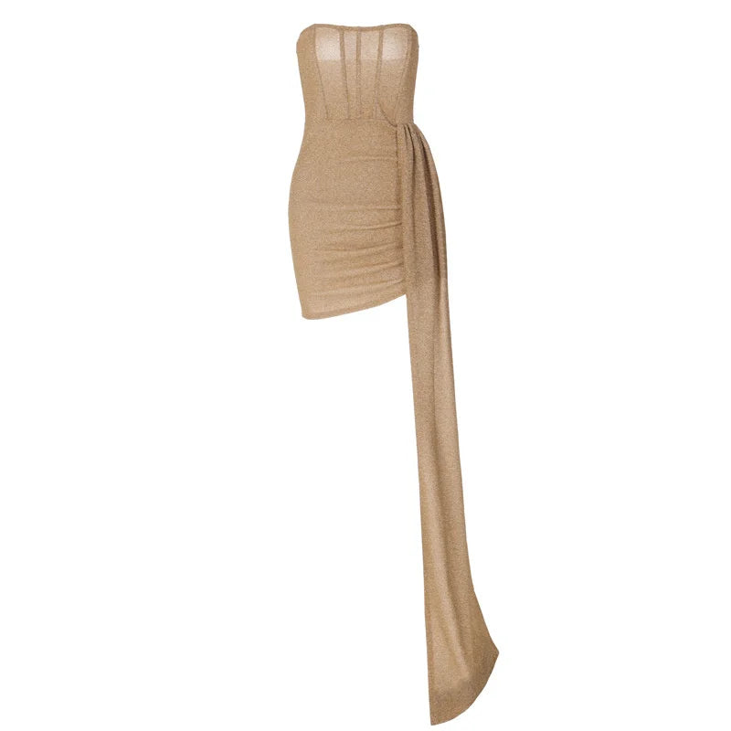 Elegant Strapless Lace-up Mini Dress For Women Robe 2023 New Off-shoulder Sleeveless Ruched Party Short Dress Vestido