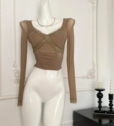 Vintage Fashion Khaki Elegant Lace Mesh Pleated Tops French Autumn Brown Square V Neck Chic Long Sleeve Festival Short T Shirt