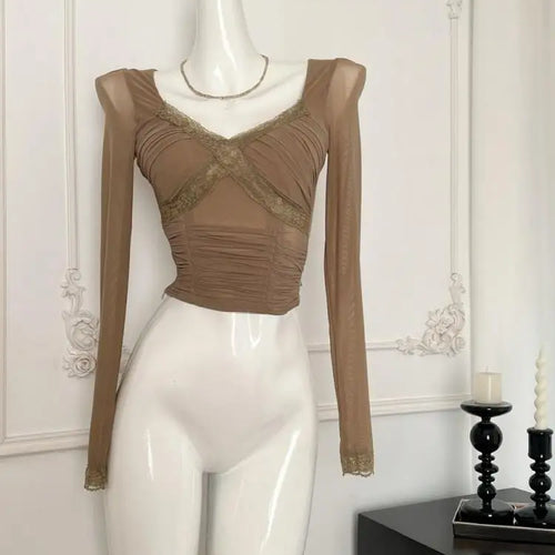 Load image into Gallery viewer, Vintage Fashion Khaki Elegant Lace Mesh Pleated Tops French Autumn Brown Square V Neck Chic Long Sleeve Festival Short T Shirt
