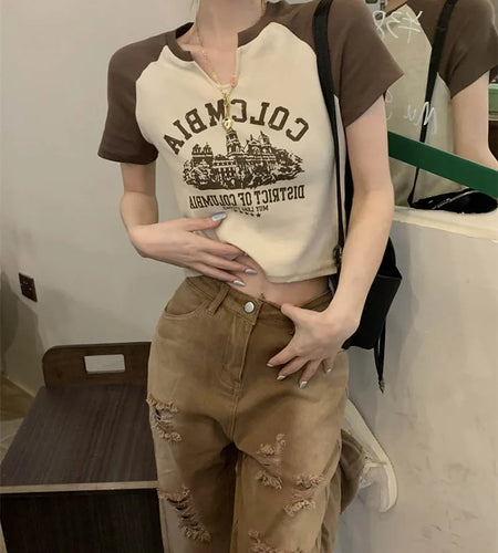 Vintage Printed T-Shirts Women Slim V-Neck Crop Top Y2k Aesthetic Short Sleeve Streetwear Grunge Tee Korean Version Pullovers