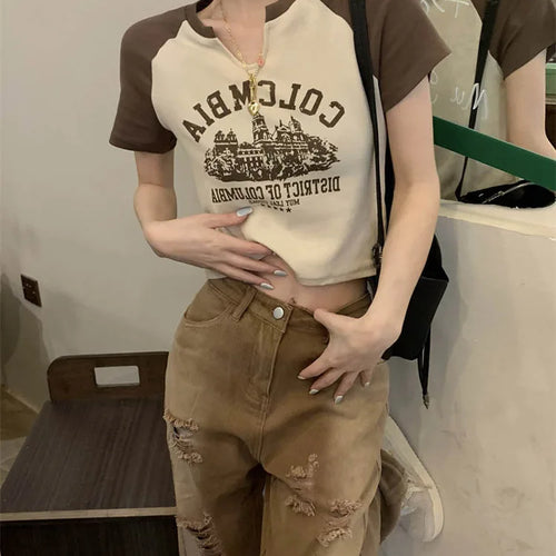 Load image into Gallery viewer, Vintage Printed T-Shirts Women Slim V-Neck Crop Top Y2k Aesthetic Short Sleeve Streetwear Grunge Tee Korean Version Pullovers
