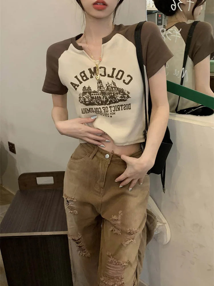 Vintage Printed T-Shirts Women Slim V-Neck Crop Top Y2k Aesthetic Short Sleeve Streetwear Grunge Tee Korean Version Pullovers