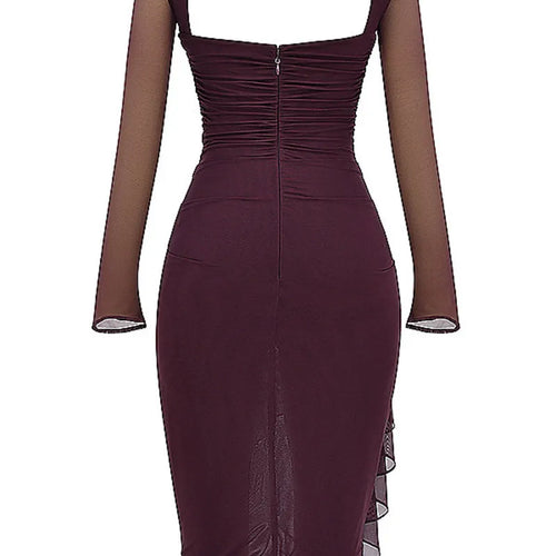 Load image into Gallery viewer, Elegant Ruffle Ruched Midi Dress For Women Robe Sheer Long Sleeve Backless Irregular Club Party Sexy Dress Vestido
