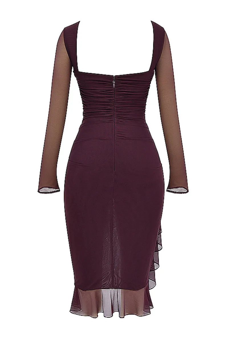 Elegant Ruffle Ruched Midi Dress For Women Robe Sheer Long Sleeve Backless Irregular Club Party Sexy Dress Vestido