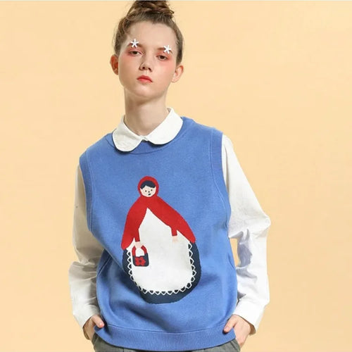 Load image into Gallery viewer, Women&#39;s Cartoon Embroidery Knitted Sweaters Blue Sleeveless Vest Winter Warm O-Neck Female Jumpers Pullovers
