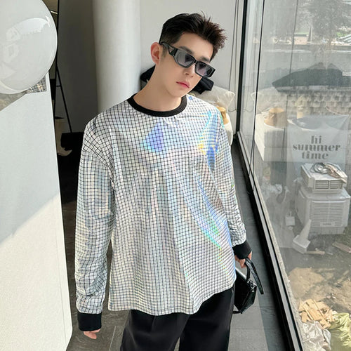 Load image into Gallery viewer, Korean Men&#39;s Round Collar T-shirt Fashion Bright Face Design Plaid Trend Long Sleeve T-shirts Pullover Top Trend 9C5122
