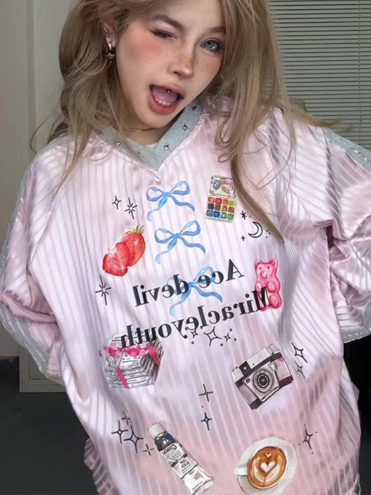 Oversized Printing Grunge T-shirt Women Y2k Aesthetics Rivet  Casual Tops Harajuku Fairycore 00s E-girl Cute Tshirt Fairy Tees