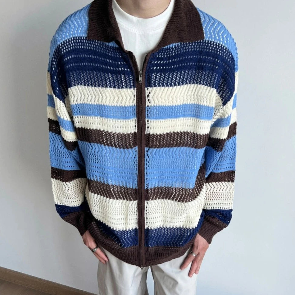2025 Contrast Color Striped Dual Zippers Cardigan Japanese Hollow Out Men and Women Jackets Y2k Aesthetic Streetwear Women Tops
