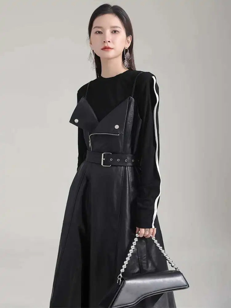 Women Black Pu Leather Belted Long A-line Dress New V-Neck Sleeveless Loose Fit Fashion Tide Spring Autumn 2025 1DH2000