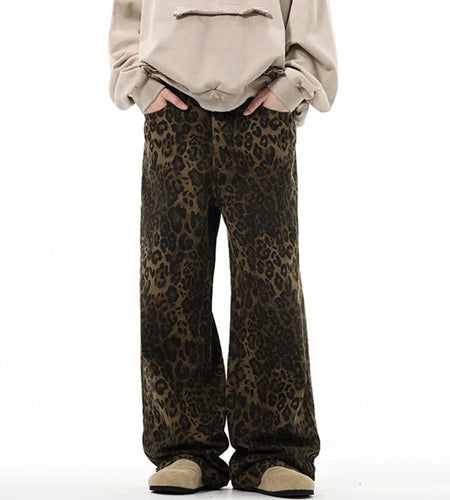 High Street Men's Jeans Leopard Print Casual Vintage American Denim Pants Straight Wide Leg Loose Male Trousers New 9W1219