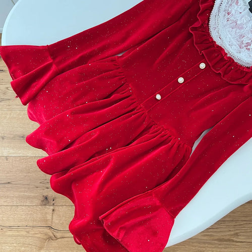 Load image into Gallery viewer, Women New Black Lace Long Sleeve Ruffles Pleated Princess Dress Autumn Winter Red High Waist Elegant Birthday Party Short Dress
