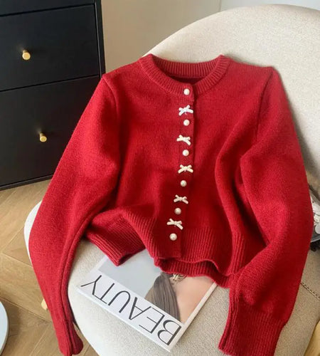 Autumn Winter Sweet Retro Red Bow Pearl Button Knit Cardigan Tops French Fashion Women White Single Breasted Long Sleeve Sweater