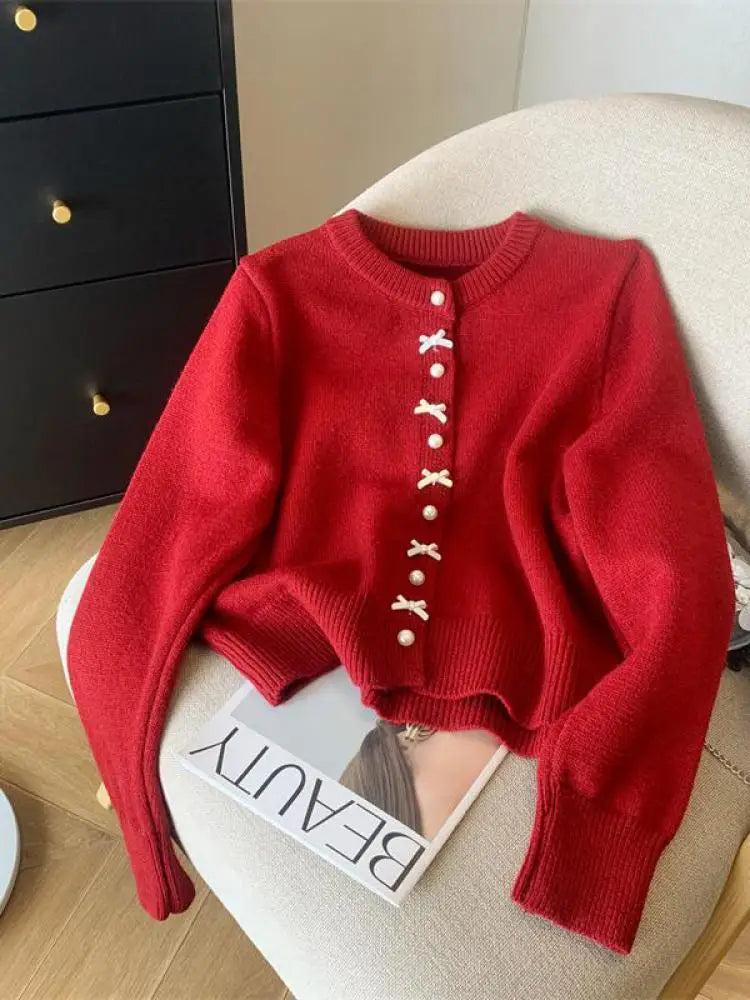 Autumn Winter Sweet Retro Red Bow Pearl Button Knit Cardigan Tops French Fashion Women White Single Breasted Long Sleeve Sweater