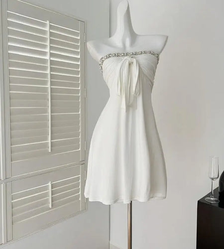 Summer French White Pearl Strapless Bandage Backless Short Dresses Women Vintage Elegant Sexy Club Sleeveless Party Dress Ladies
