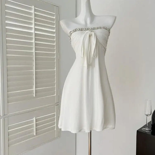 Load image into Gallery viewer, Summer French White Pearl Strapless Bandage Backless Short Dresses Women Vintage Elegant Sexy Club Sleeveless Party Dress Ladies
