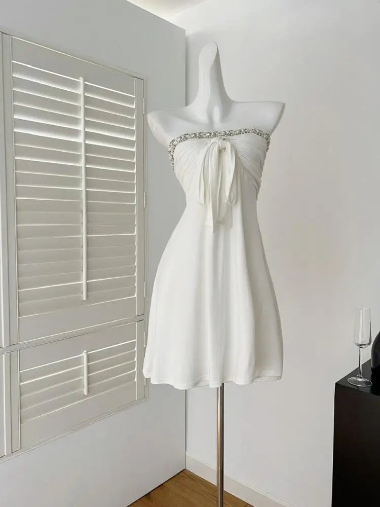 Summer French White Pearl Strapless Bandage Backless Short Dresses Women Vintage Elegant Sexy Club Sleeveless Party Dress Ladies