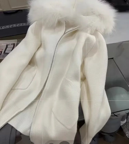 French Vintage Women White Elegant Hooded Short Knit Cardigan Autumn Winter Long Sleeve Festival Zipper Sweaters 2024 Versatile