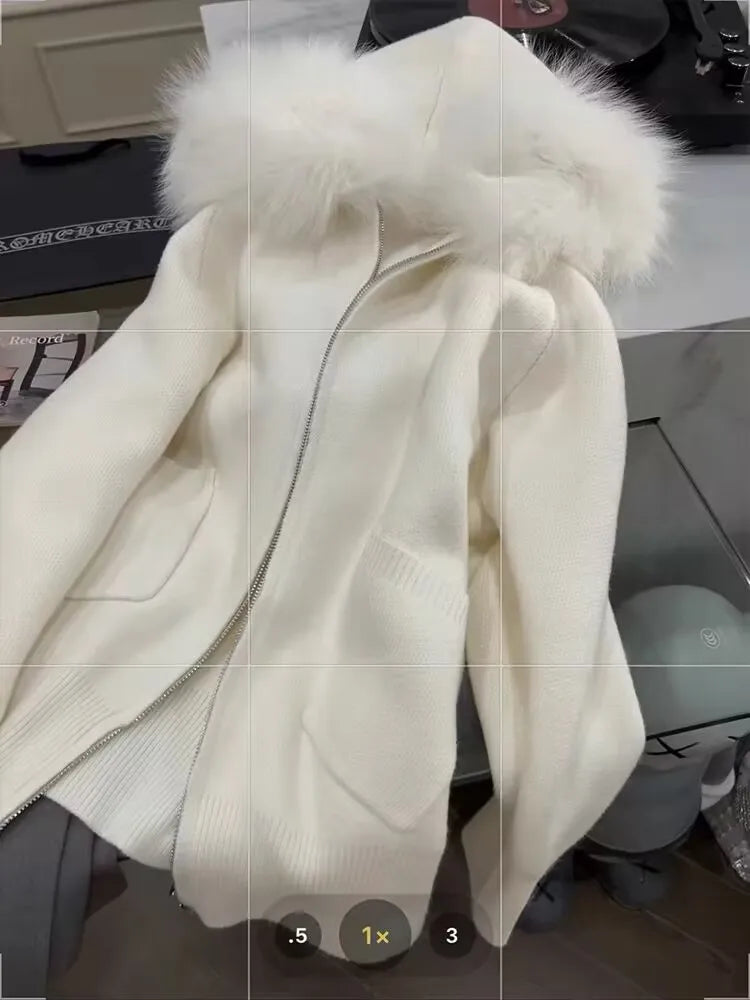 French Vintage Women White Elegant Hooded Short Knit Cardigan Autumn Winter Long Sleeve Festival Zipper Sweaters 2024 Versatile