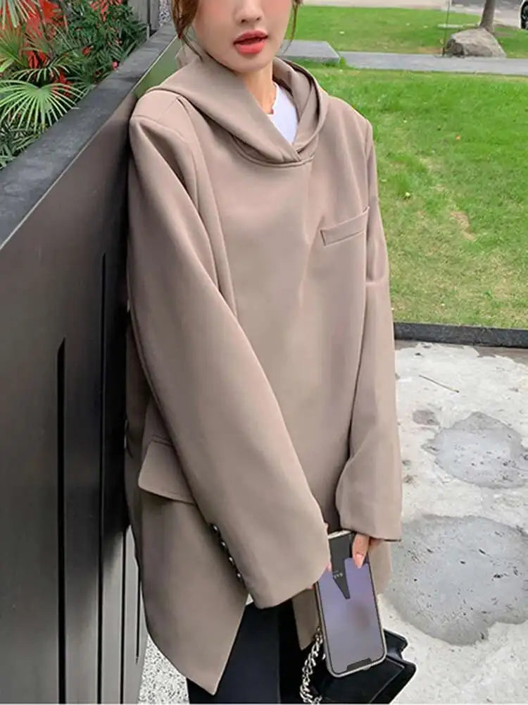 Women Slit Irregular Big Size Blazer New Hooded Long Sleeve Loose Fit Jacket Fashion Tide Spring Autumn 2025  1DH0482