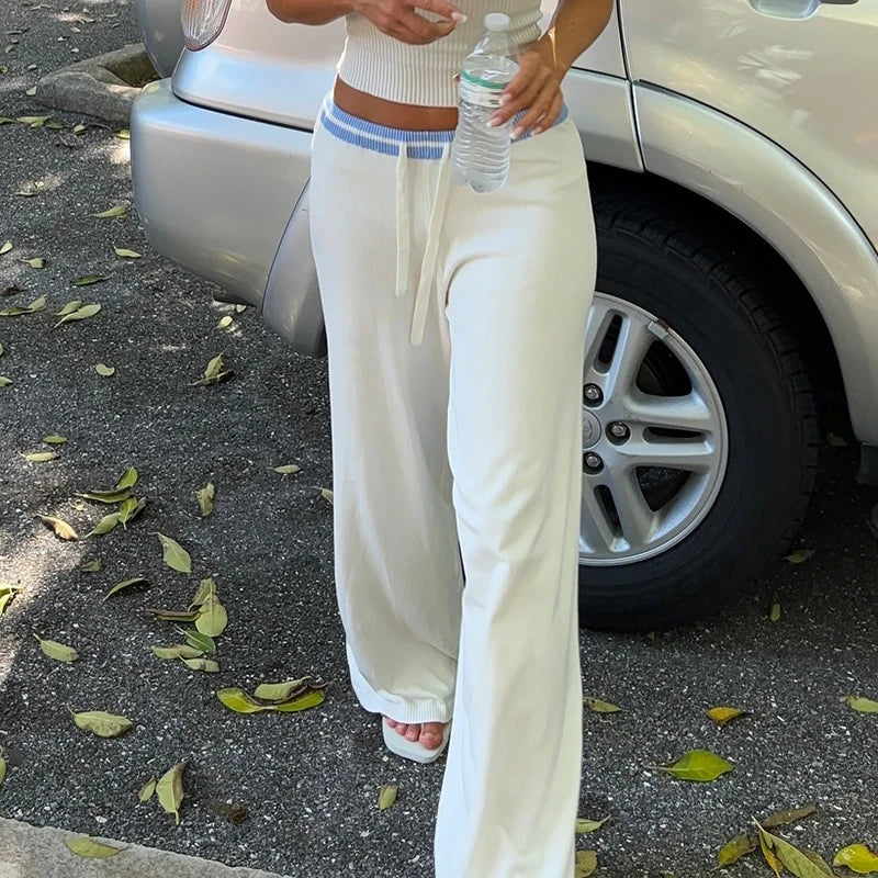 Casual Waist Contrast Color Knitted Pants Women Drawstring Full Length Straight Leg Trousers Spring Low Rise Bottoms