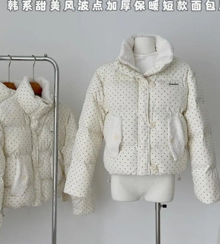 Korean 2024 New Casual Women Beige Dot Cotton Padded Jacket Winter Warm Short Single Breasted Zipper Down Coat Thick Streetwear