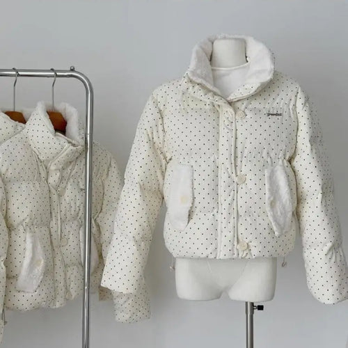 Load image into Gallery viewer, Korean 2024 New Casual Women Beige Dot Cotton Padded Jacket Winter Warm Short Single Breasted Zipper Down Coat Thick Streetwear
