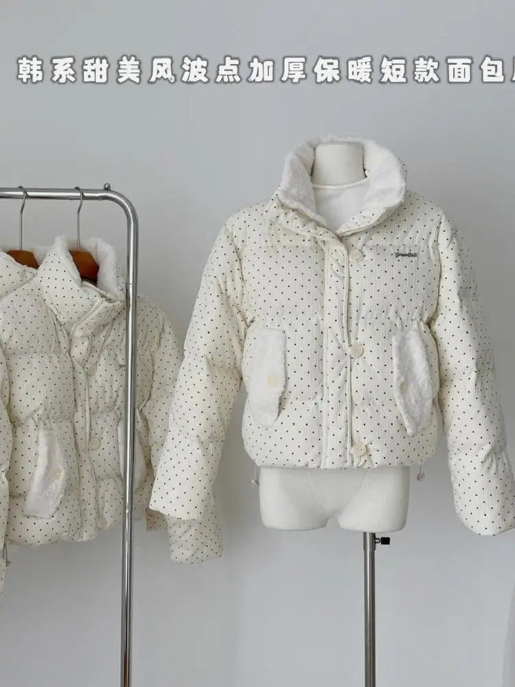 Korean 2024 New Casual Women Beige Dot Cotton Padded Jacket Winter Warm Short Single Breasted Zipper Down Coat Thick Streetwear