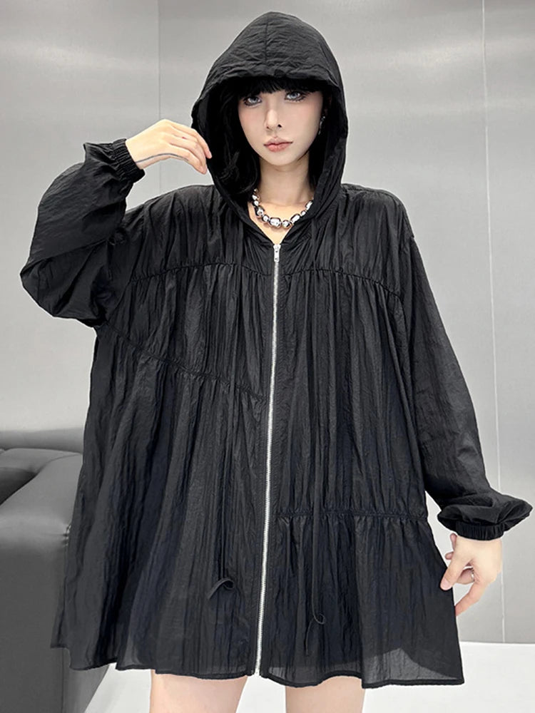 Black Pleated Thin Big Size Casual Jacket New Hooded Long Sleeve Women Coat Fashion Tide Spring Autumn 2025  1DJ1686