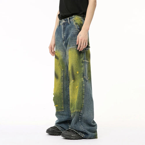 Load image into Gallery viewer, American Style Men&#39;s Jeans Worn-out Tie-dye Hole Casual Male Denim Pants Patchwork Contrast Color Menwear Tide 9C6512
