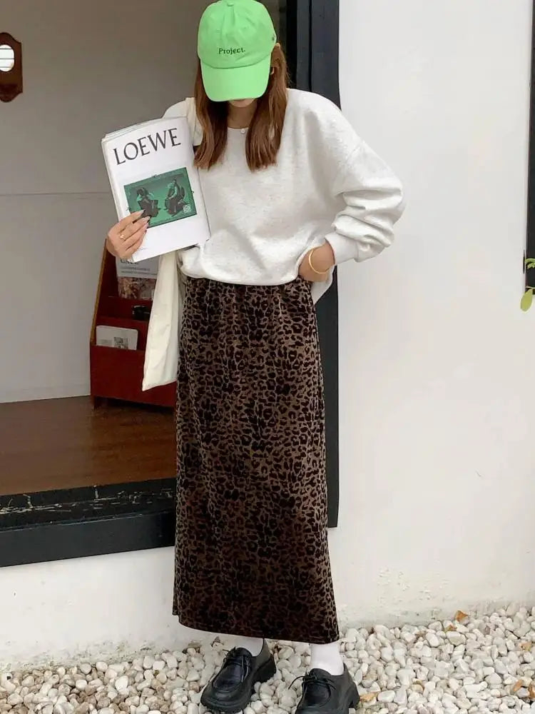 Vintage Ladies Velvet Leopard Print Elastic High Waist Holiday Party Long Skirts Autumn Winter Women Elegant Boho Skirt Popular