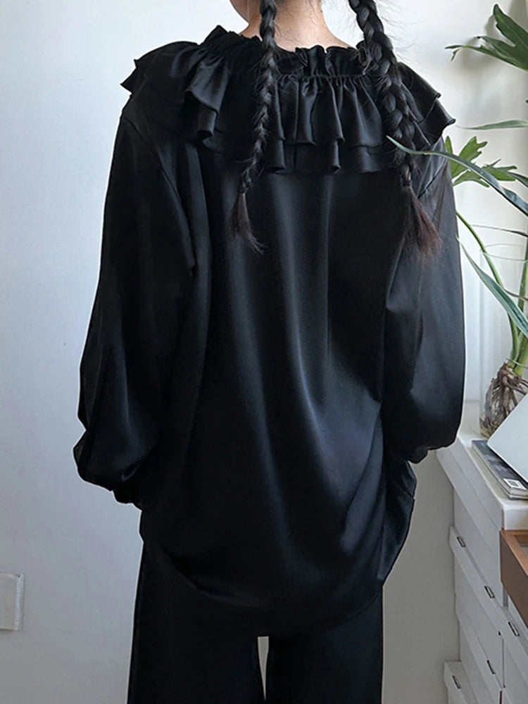 Women White Black Ruffles Big Size Elegant Blouse New V-neck Long Sleeve Shirt Fashion Tide Spring Autumn 2025 1DH95500