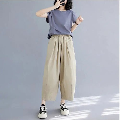 Load image into Gallery viewer, Korean Version Women Summer Black Beige Casual Loose Elastic High Waist Cotton Pocket Ankle-length Harem Pant Brown Oversized
