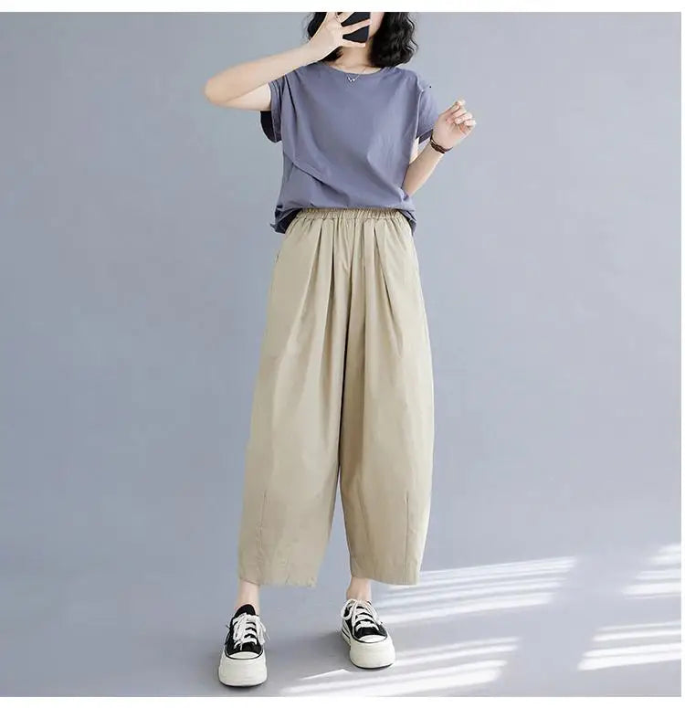 Korean Version Women Summer Black Beige Casual Loose Elastic High Waist Cotton Pocket Ankle-length Harem Pant Brown Oversized