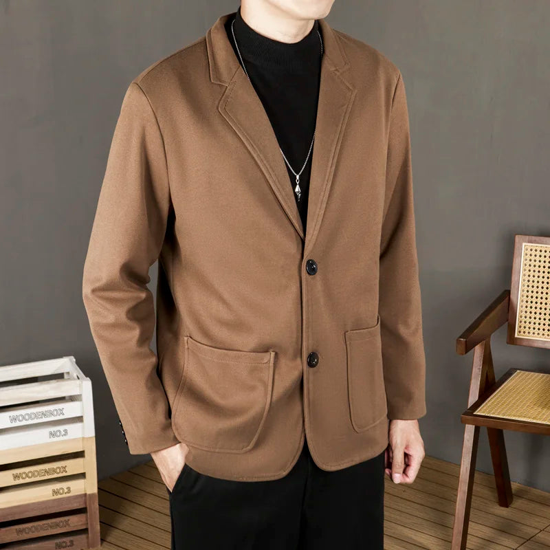 Woolen Cloth Men's Suit Jackets Solid Color Single Breasted Pockets Slim Turn-down Collar 2024 Winter Fashion Trend 9C8864