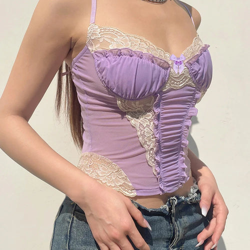 Load image into Gallery viewer, Fashion Milkmaid Frill Lace Patchwork Mesh Y2K Top Ruffles Bow Sweet Strap Camis Contrast Summer Cropped Women Tees
