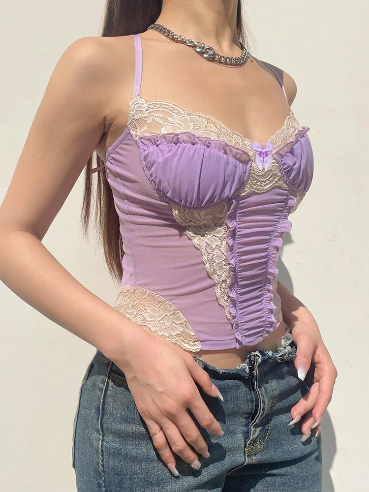 Fashion Milkmaid Frill Lace Patchwork Mesh Y2K Top Ruffles Bow Sweet Strap Camis Contrast Summer Cropped Women Tees